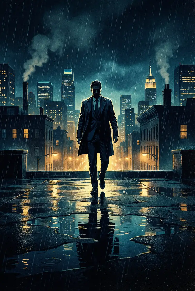 9月23 出品影片《雨夜独行者》海报，雨中城市屋顶男性剪影